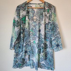 Sheer Flowy Blue & Green Floral Cardigan/Coverup, Size M/L